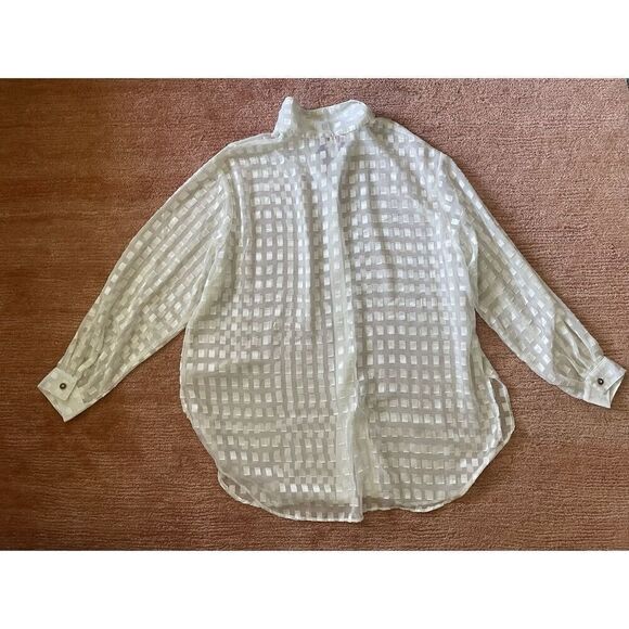 Vintage Notations Sheer Blouse 2X White Gold Geometric Button Down USA - Picture 5 of 6